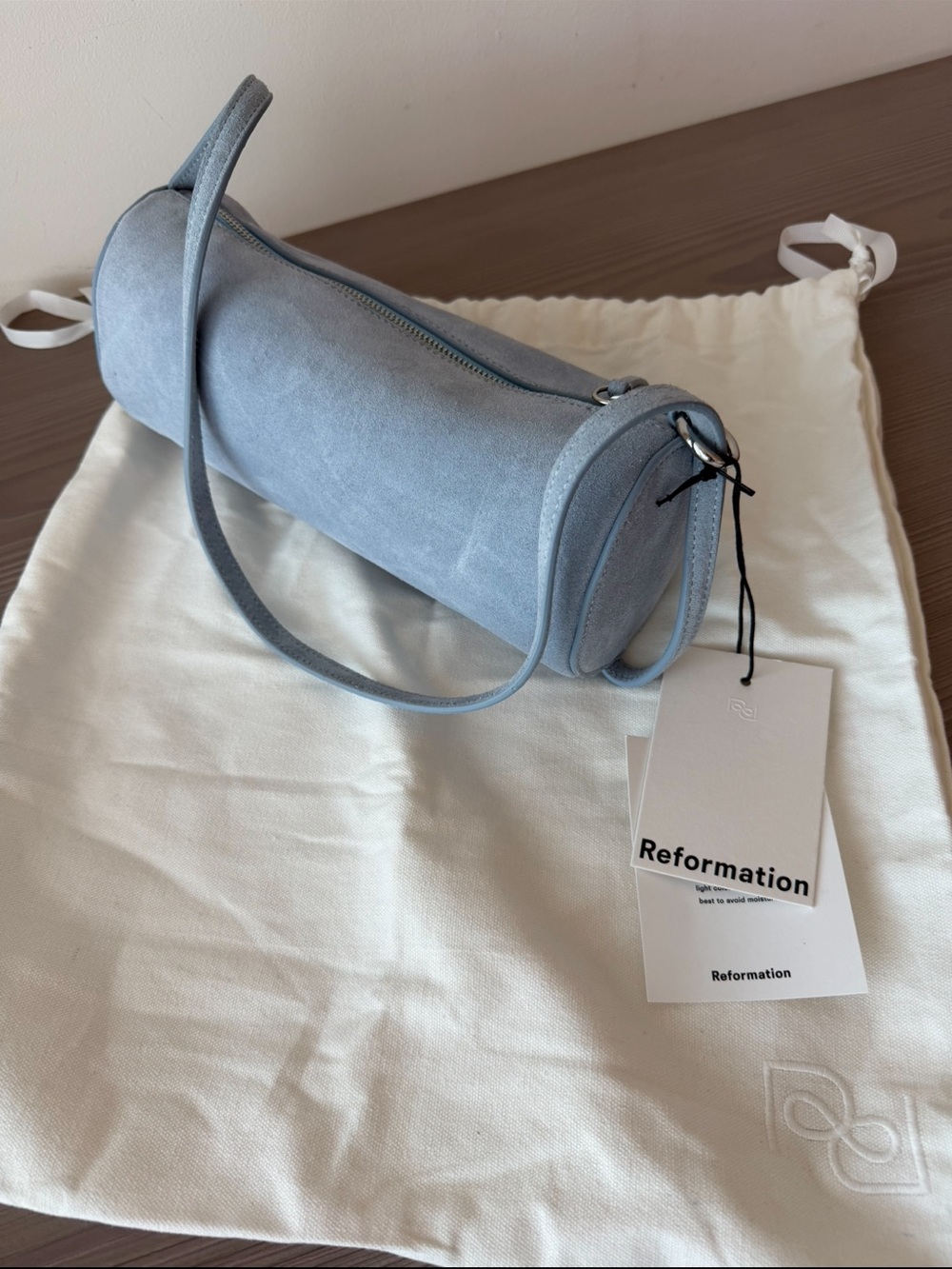 Reformation Pale Blue Suede Barrel Shoulder Bag
